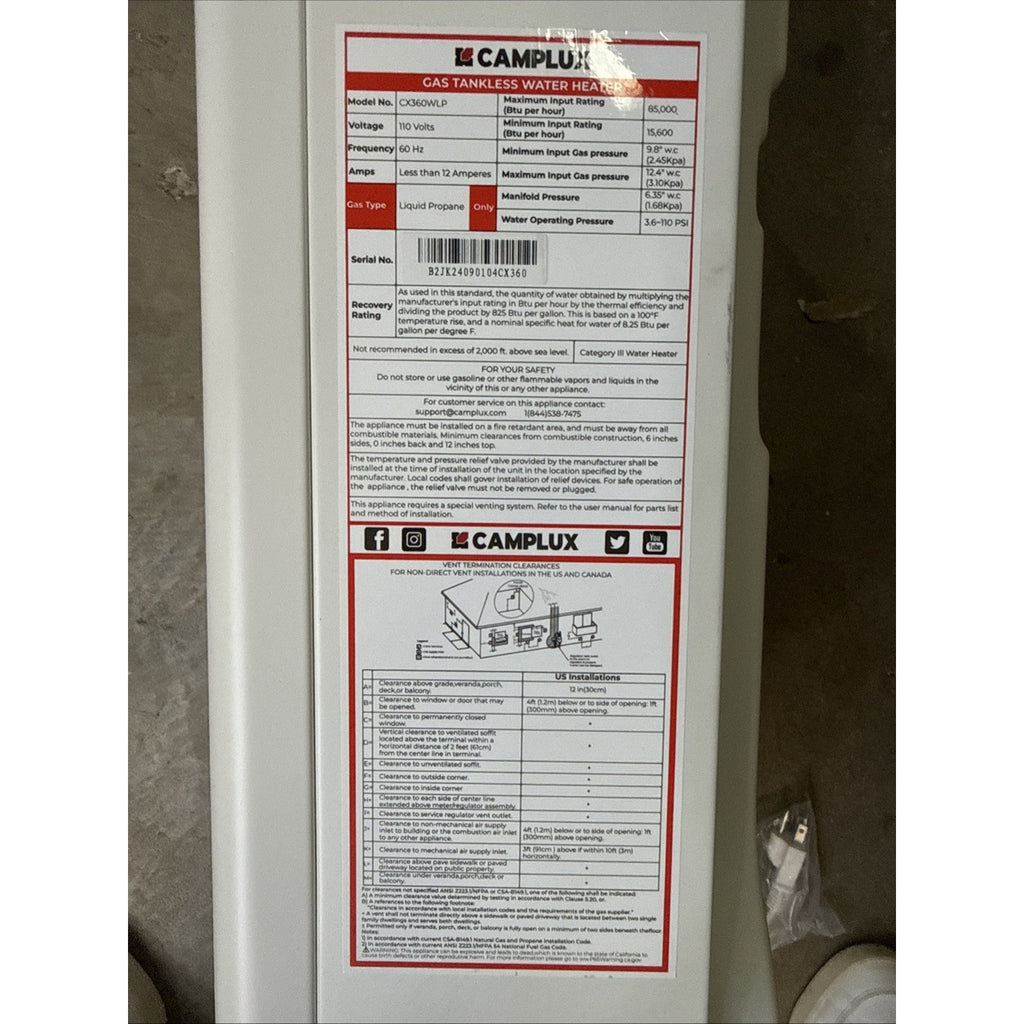 CAMPLUX Tankless Water Heater Electric 6kW at 240 Volts