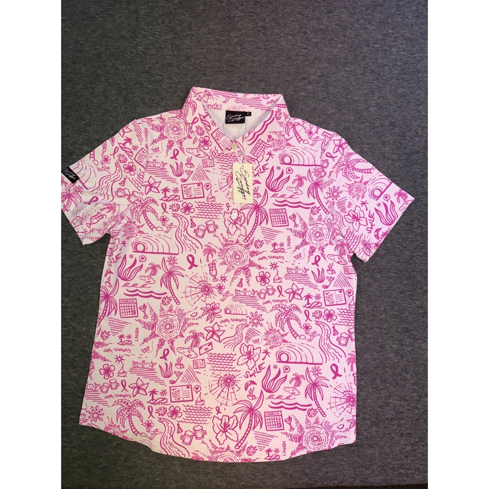 Sunday Swagger Womens Golf Polo Shirt Happy Thoughts Breast Cancer Awareness