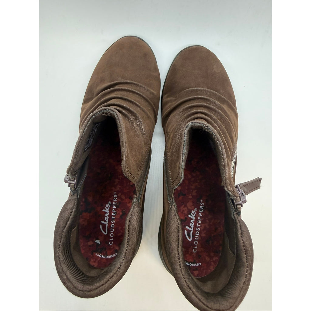 Clarks Breeze Range Ruched Ankle Booties Women's US 9 Dark Brown Side Zip