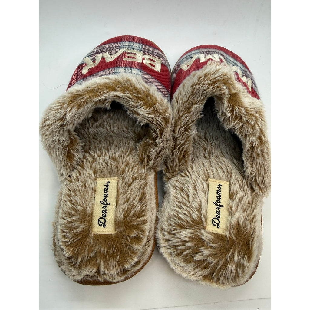 Dearfoams Mama Bear Plaid Clog Slipper Women's US 9-10 Red Faux Fur Slip On