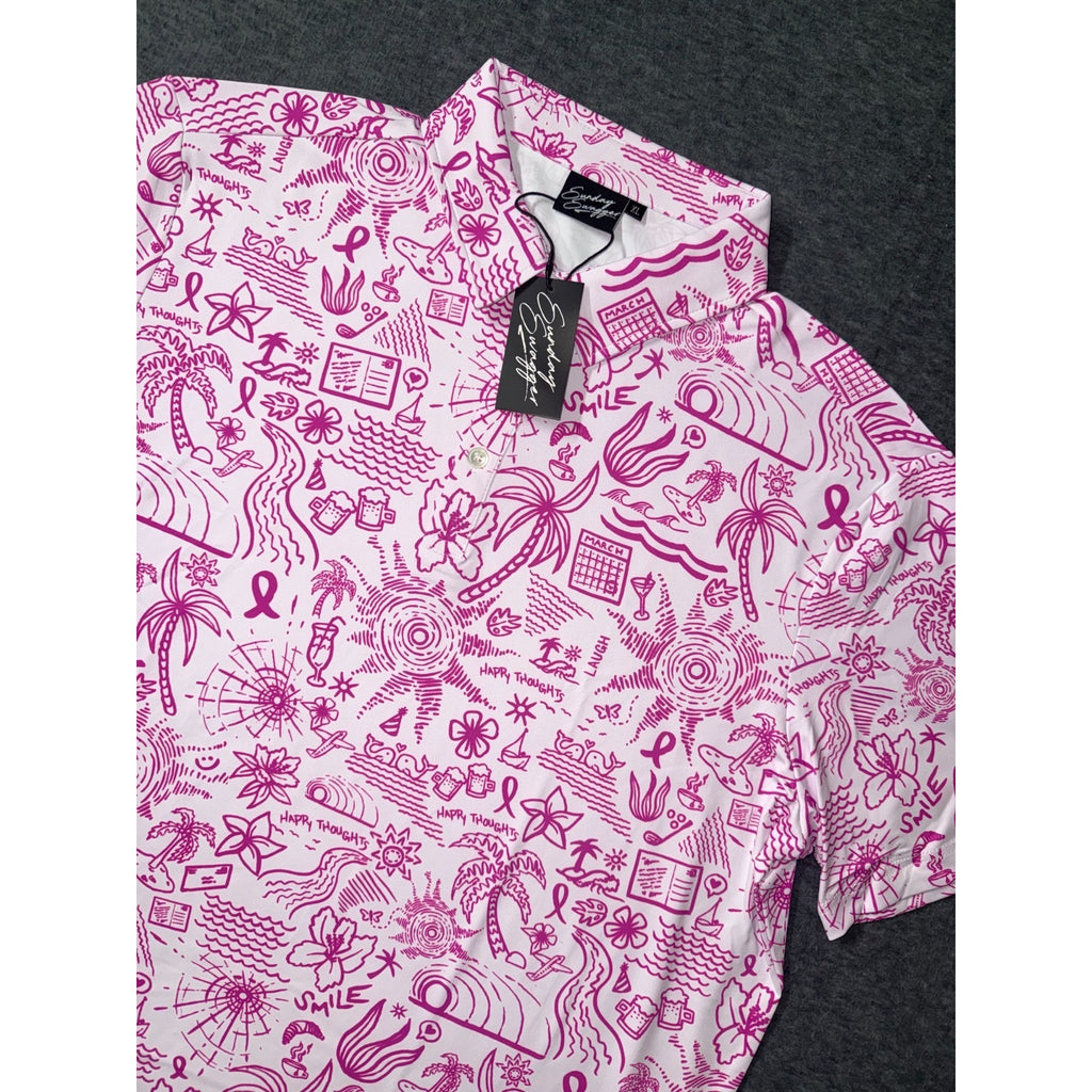 Sunday Swagger Mens Golf Polo Happy Thoughts Breast Cancer Awareness Pink