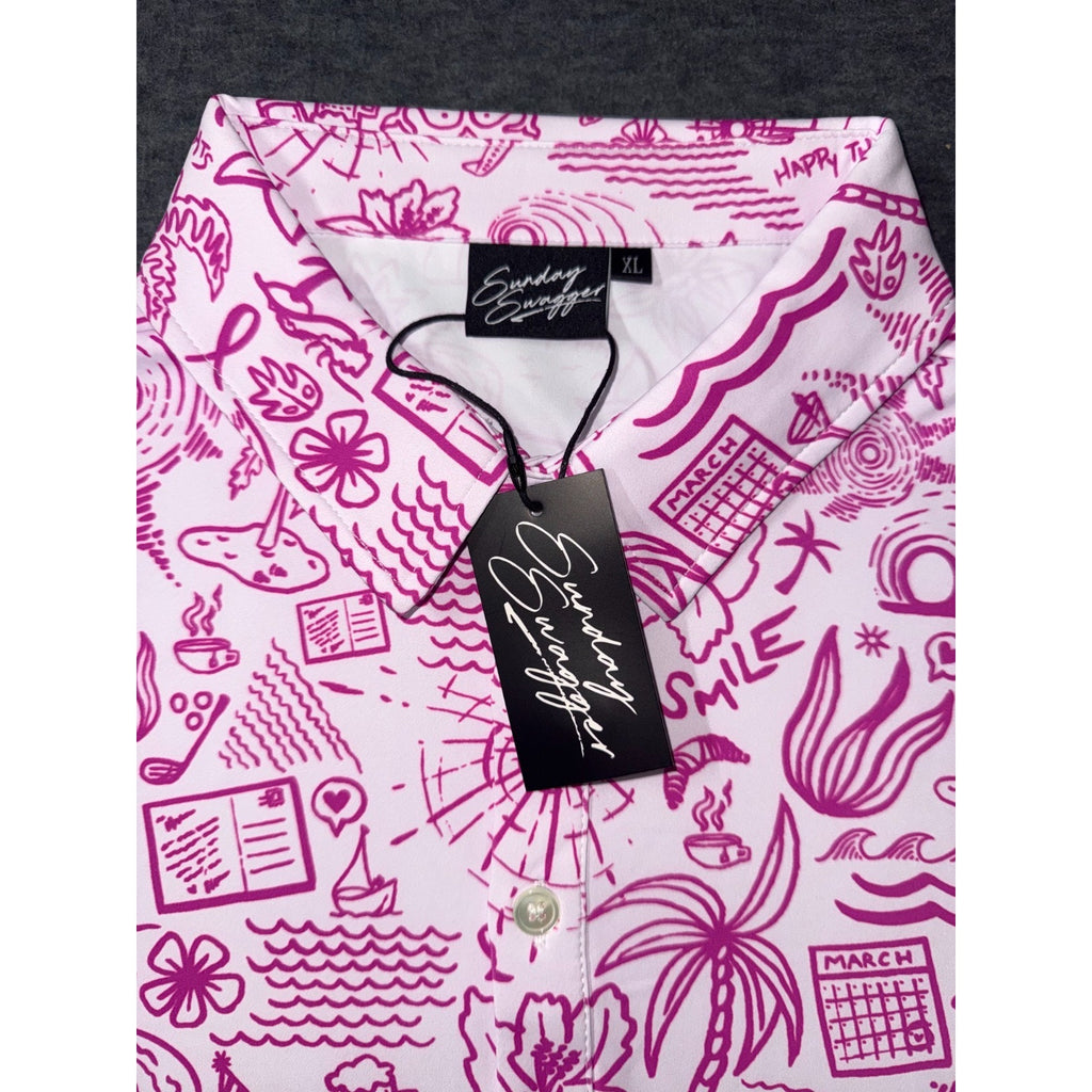Sunday Swagger Mens Golf Polo Happy Thoughts Breast Cancer Awareness Pink