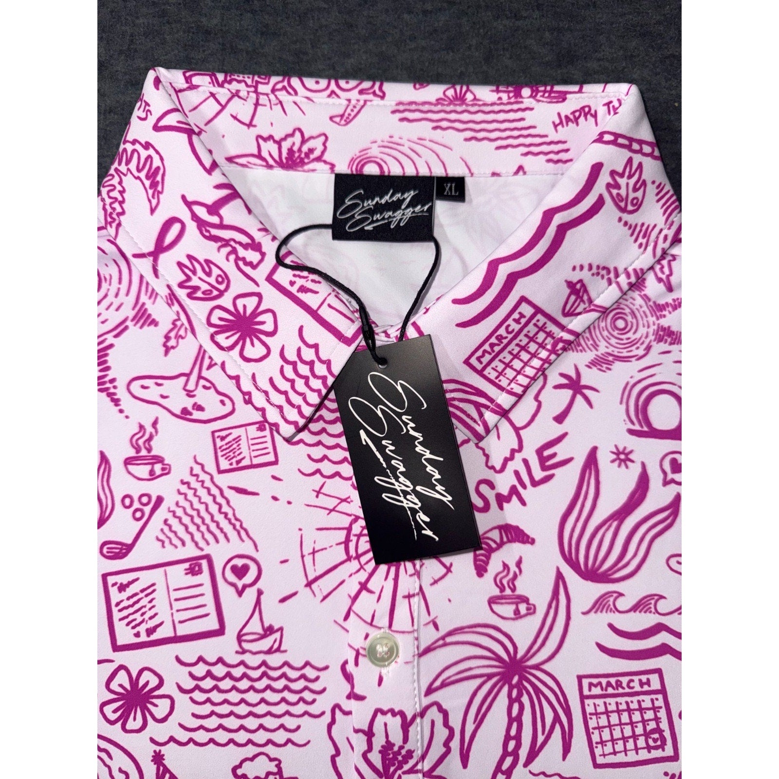 Sunday Swagger Mens Golf Polo Happy Thoughts Breast Cancer Awareness Pink
