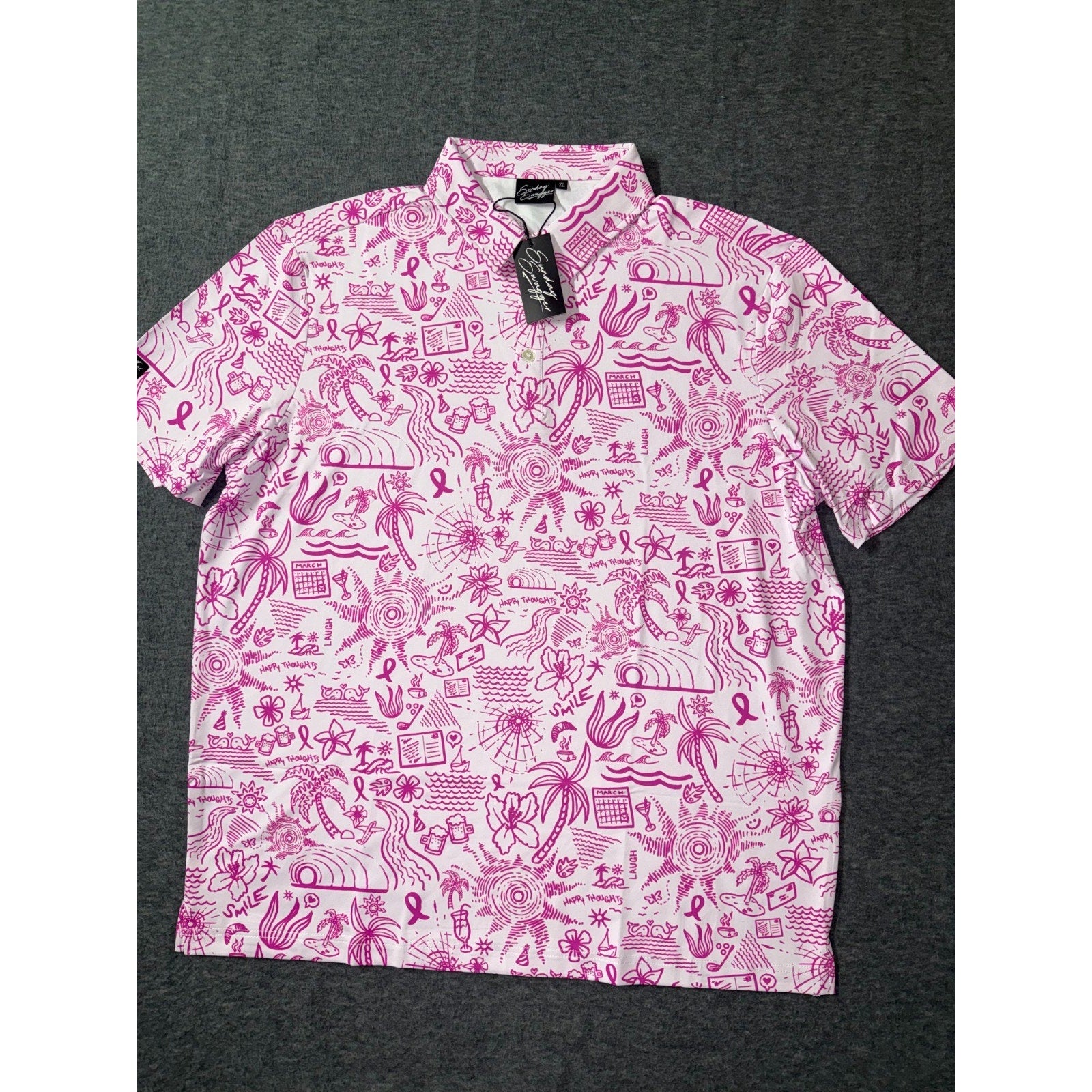 Sunday Swagger Mens Golf Polo Happy Thoughts Breast Cancer Awareness Pink