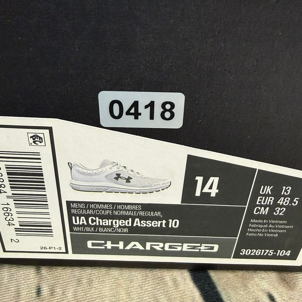 Under Armour UA Charged Assert 10 Sneaker Men's US 14 White Lace-Up 3026175-104