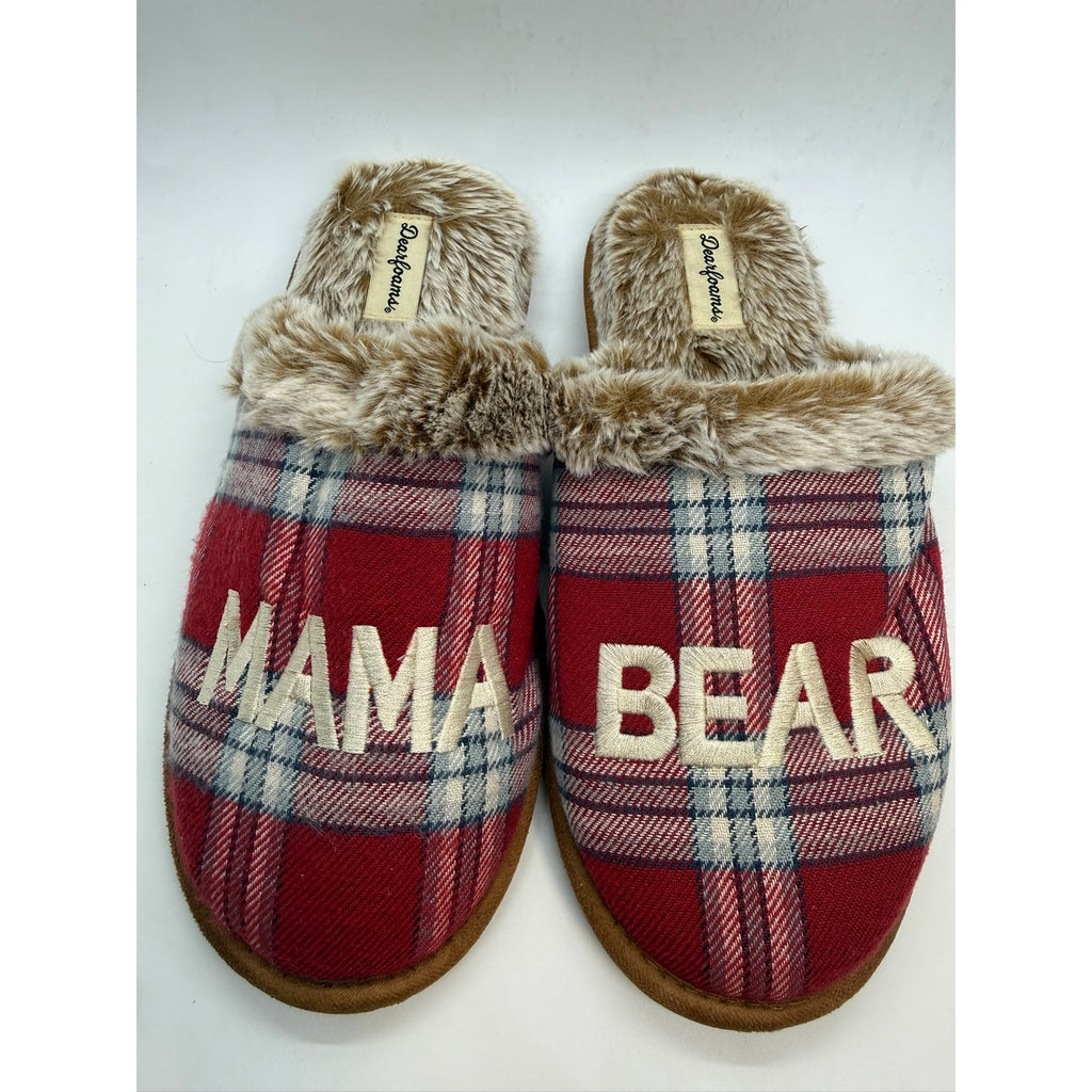 Dearfoams Mama Bear Plaid Clog Slipper Women's US 9-10 Red Faux Fur Slip On