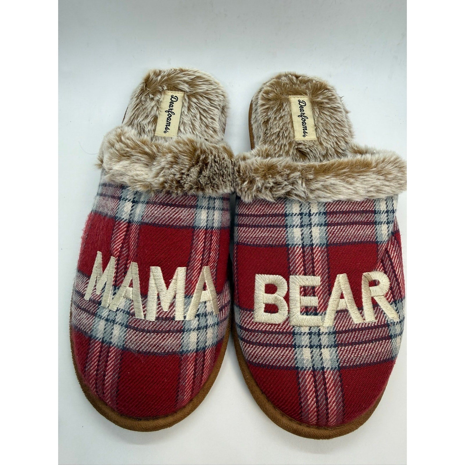 Dearfoams Mama Bear Plaid Clog Slipper Women's US 9-10 Red Faux Fur Slip On