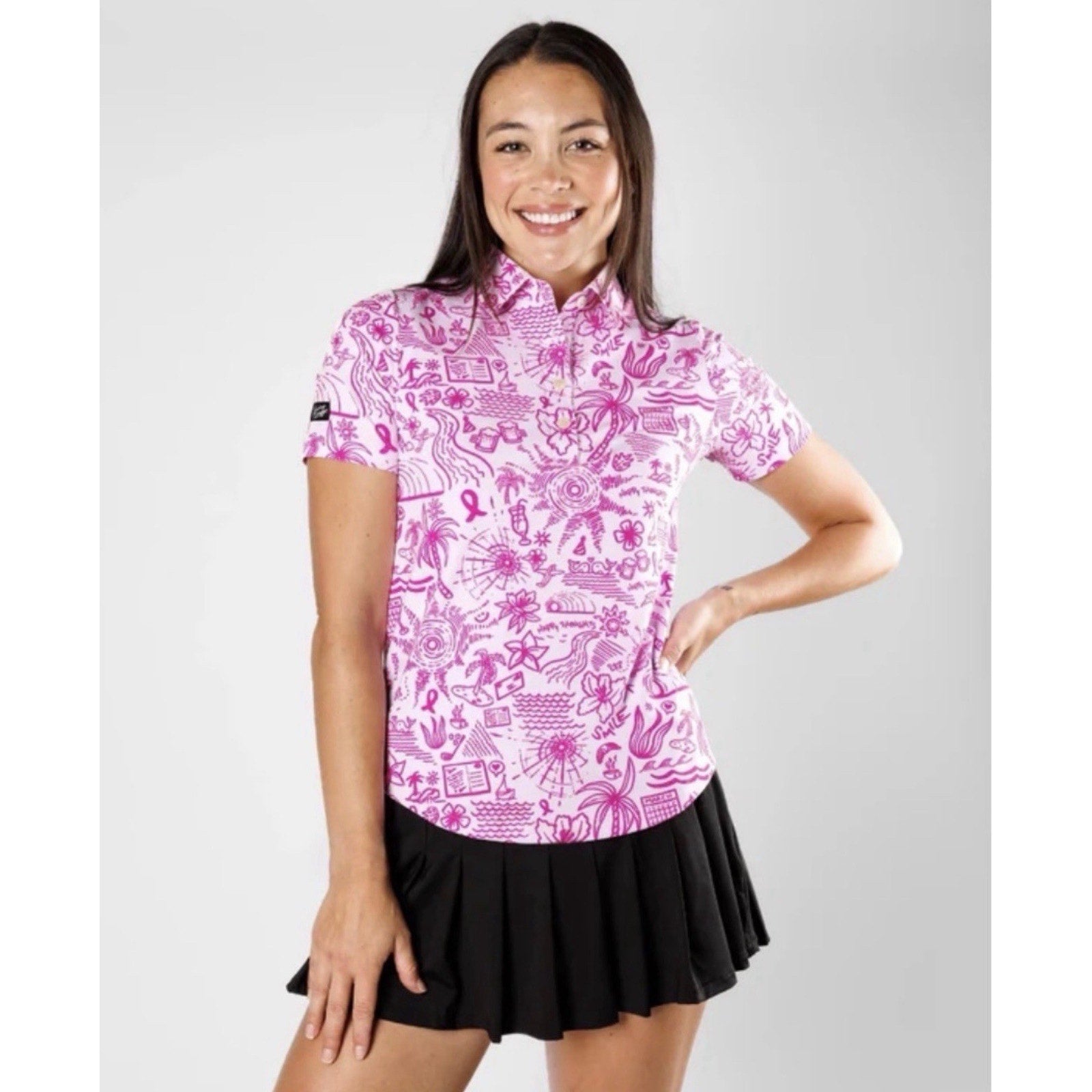 Sunday Swagger Womens Golf Polo Shirt Happy Thoughts Breast Cancer Awareness