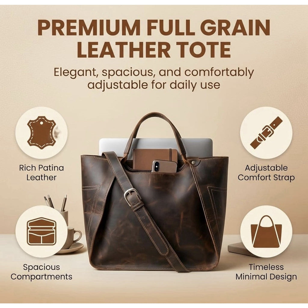 The Tannery Genuine Full Grain Leather Tote Bag for Women Dark Brown