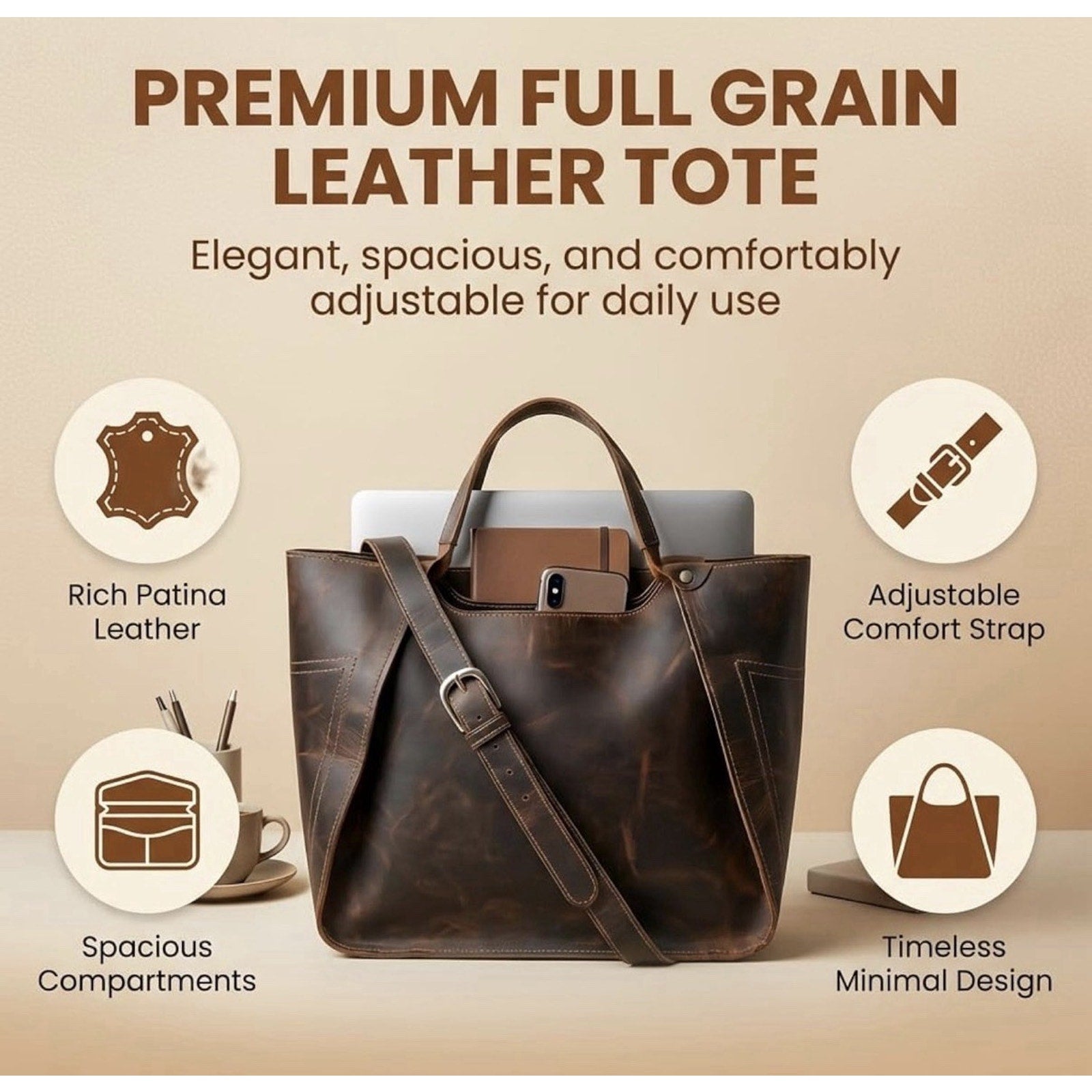 The Tannery Genuine Full Grain Leather Tote Bag for Women Dark Brown