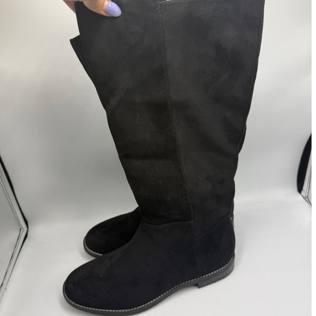 Shoe'N Tale Over-The-Knee Stretch Boots US 10 Black Suede Leather Wide Calf