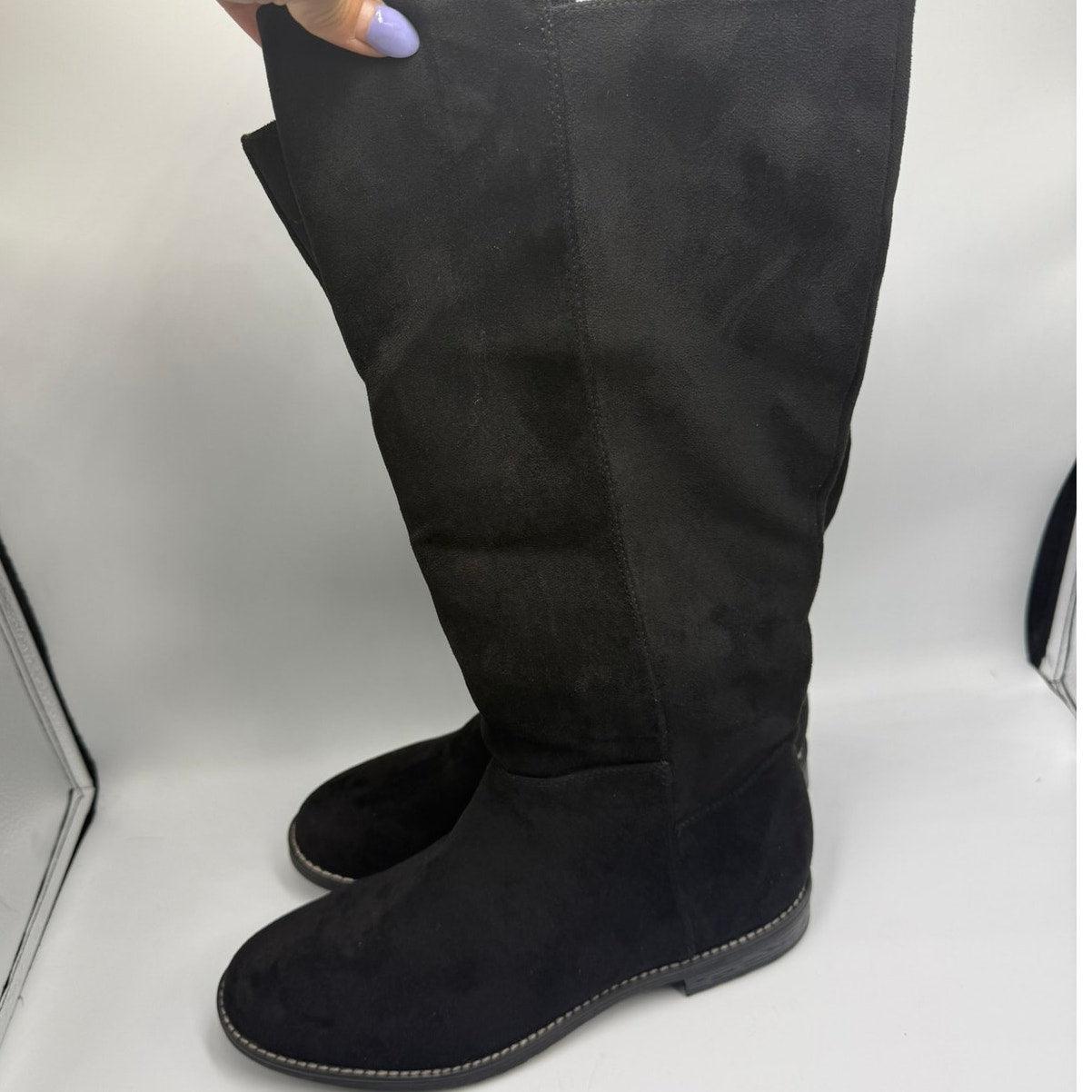 Shoe'N Tale Over-The-Knee Stretch Boots US 10 Black Suede Leather Wide Calf