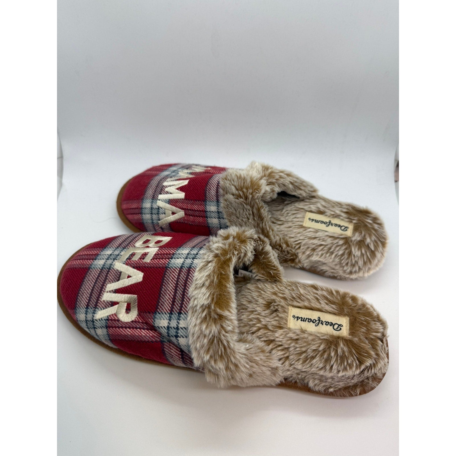 Dearfoams Mama Bear Plaid Clog Slipper Women's US 9-10 Red Faux Fur Slip On