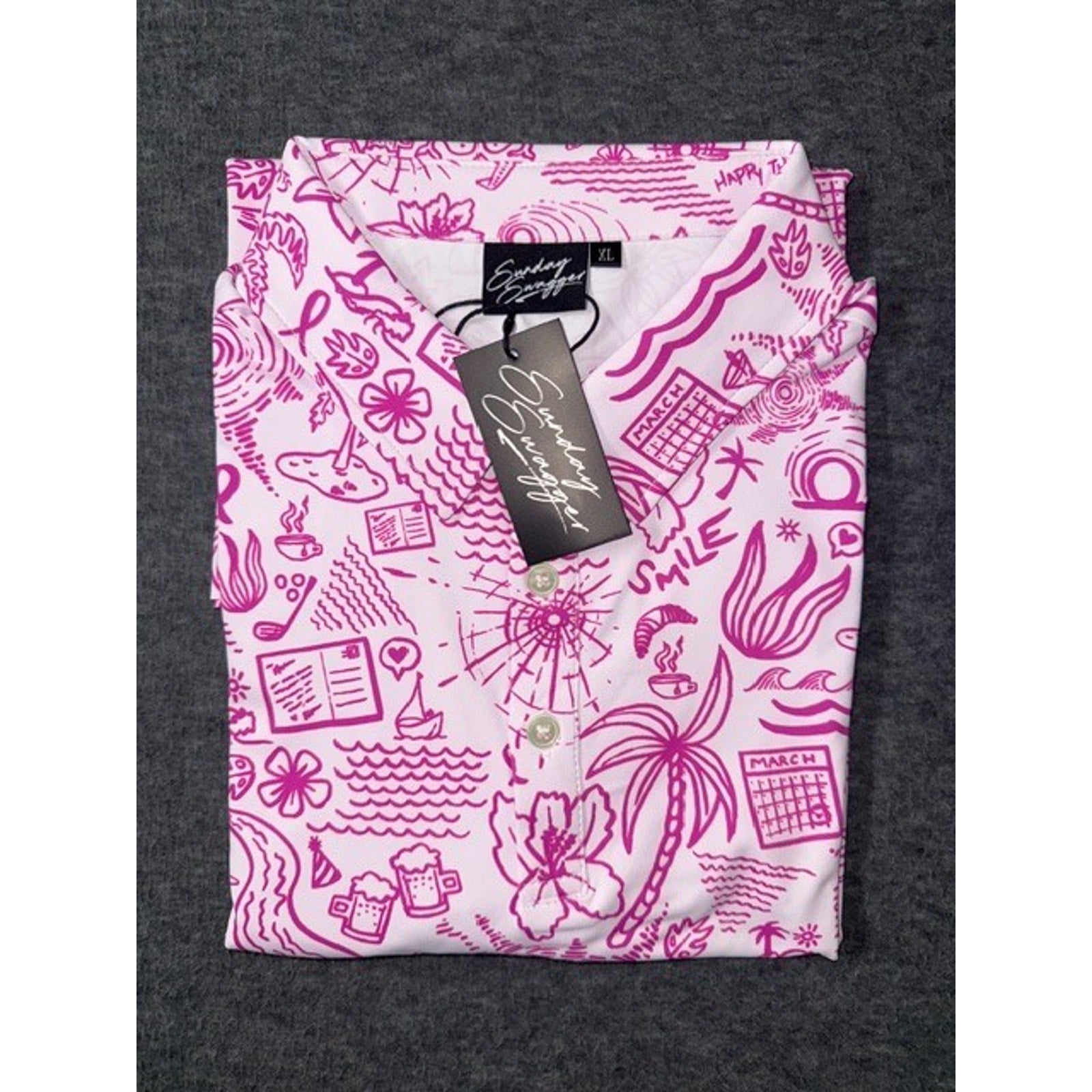 Sunday Swagger Mens Golf Polo Happy Thoughts Breast Cancer Awareness Pink