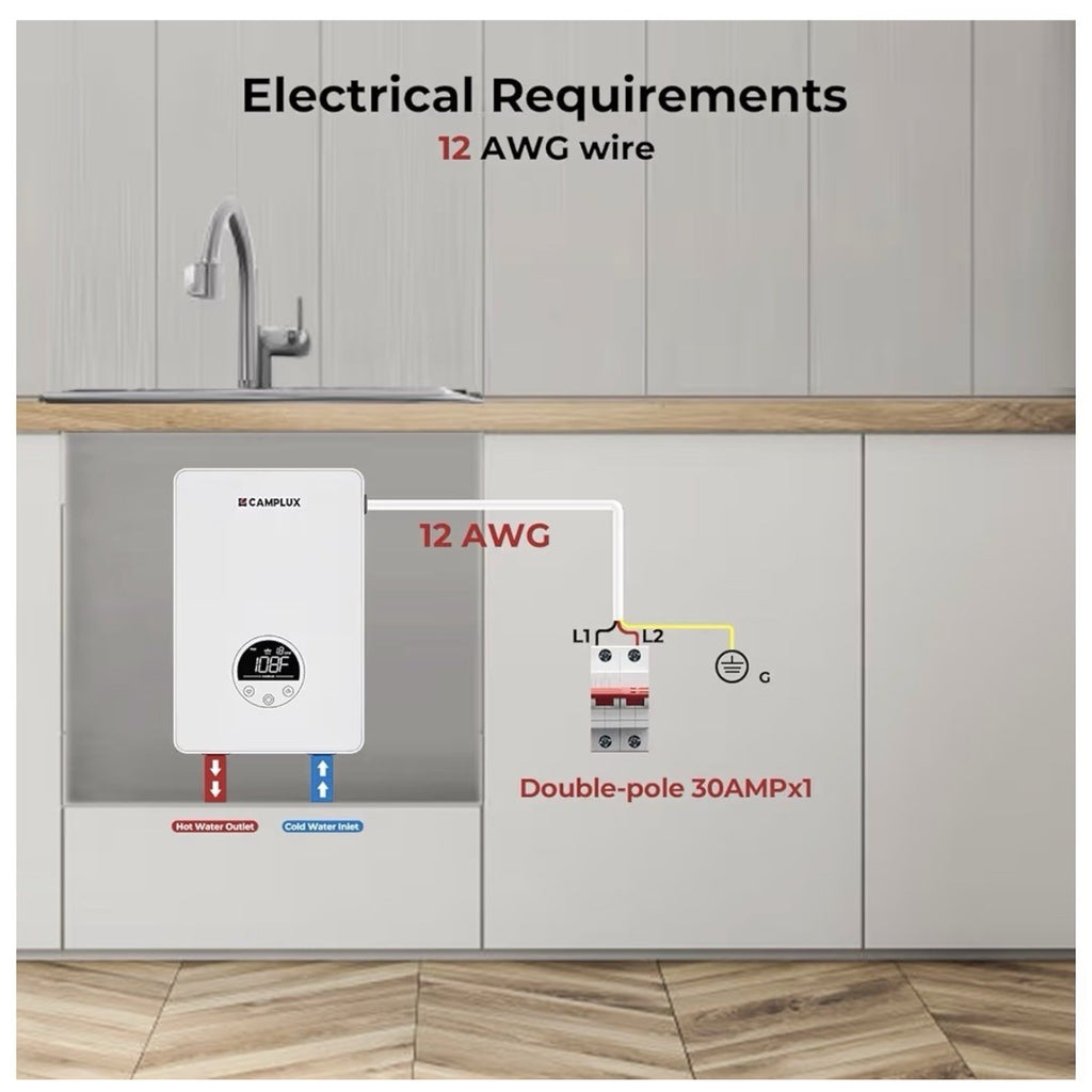 CAMPLUX Tankless Water Heater Electric 6kW at 240 Volts